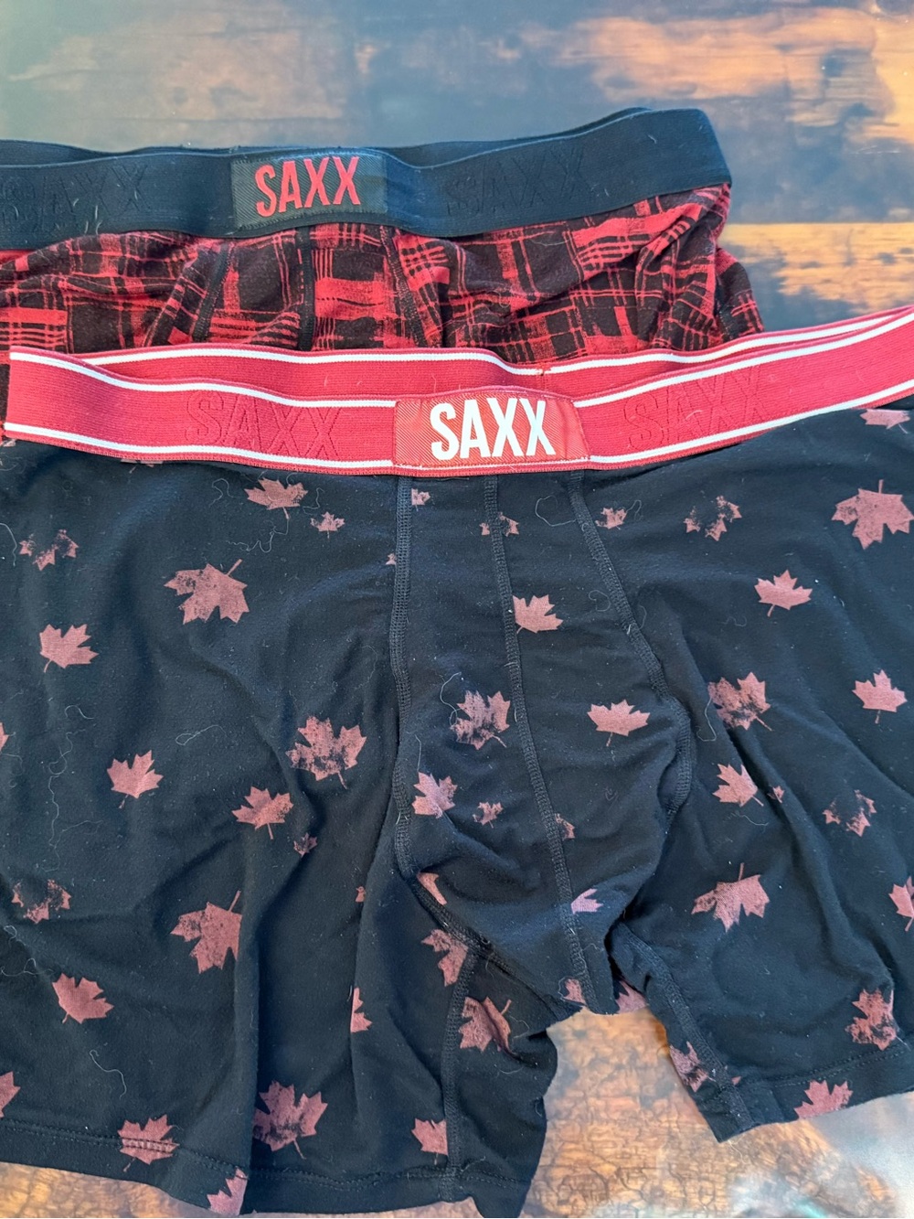 Saxx Black Boxer Briefs with Red Maple Print and Red Waistband